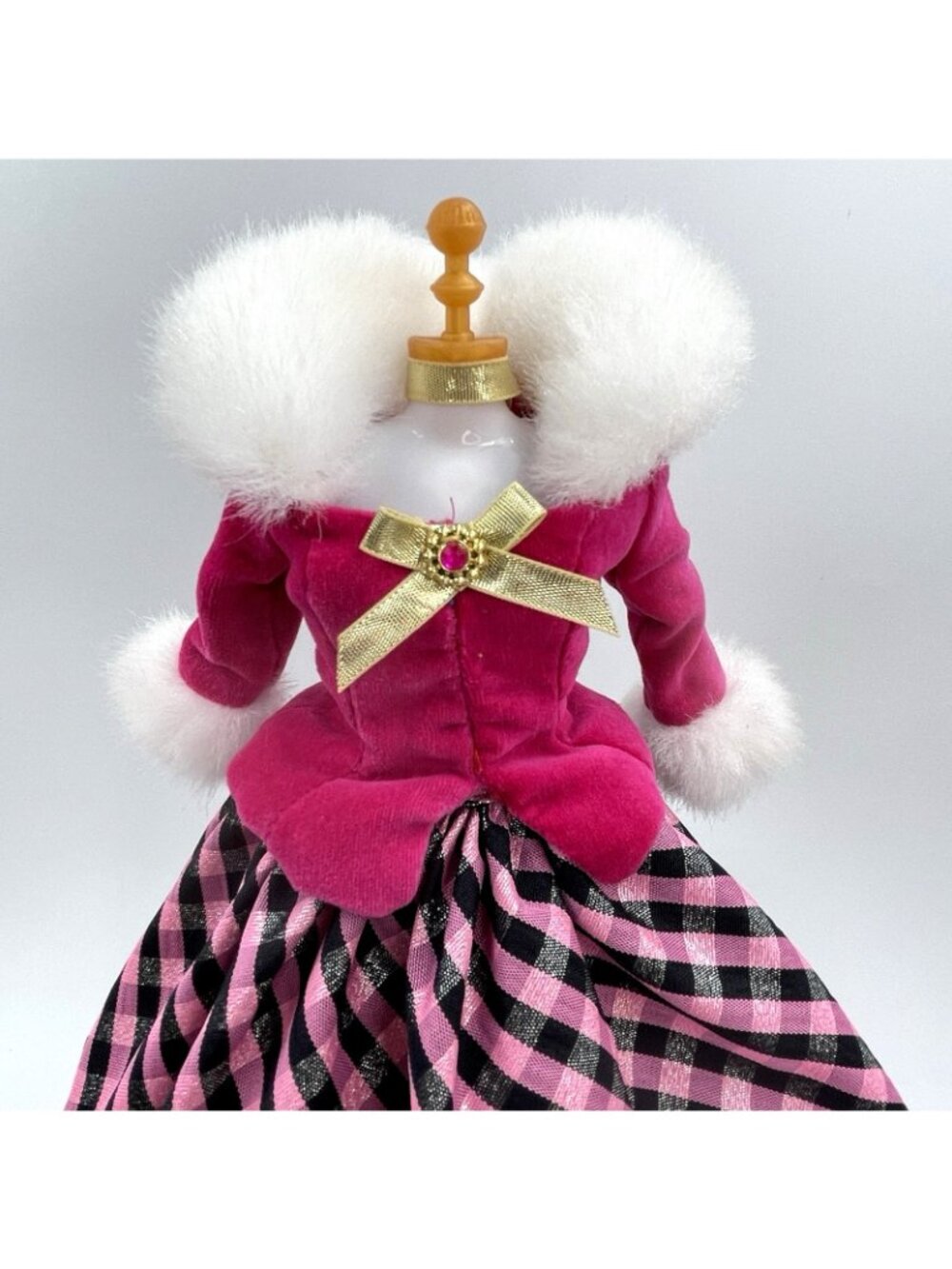 Barbie Doll Formal 2 Piece Dress Pink Velvet Fur Trim Plaid Skirt Winter Gown - Picture 3 of 7